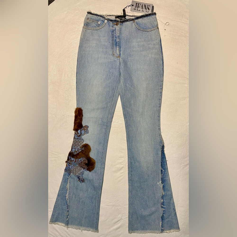 Roccobarocco New NWT Sz 27 Light wash wide leg fur leather appliqué retro jeans